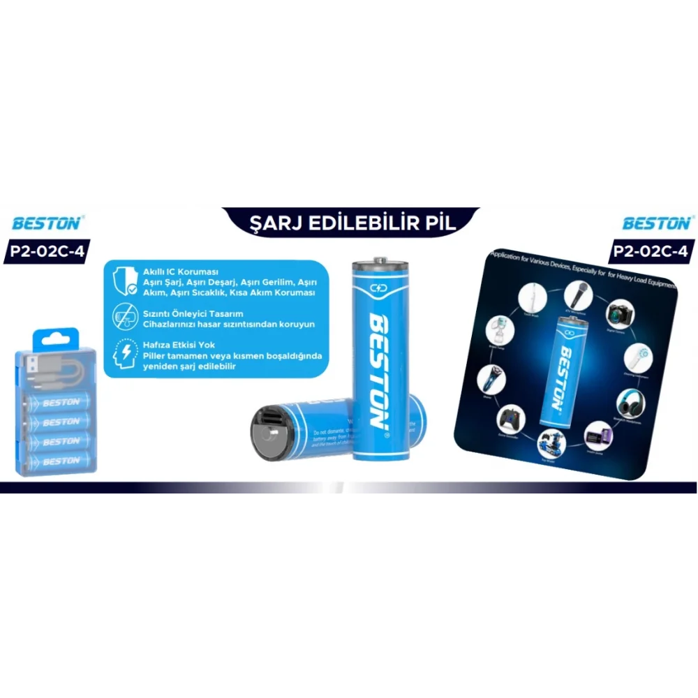 Beston Pil P2-02C-4 Şarj Edilebilir 4Lü 1.5V Aaa Usb Type-C Şarj Kablolu