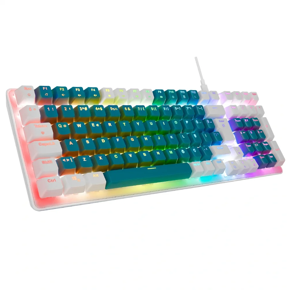eMachines EAK100 Yeşil/Beyaz USB RGB Backlight RED SWITCH Mekanik Q 100 Tuşlu Compact Gaming Klavye