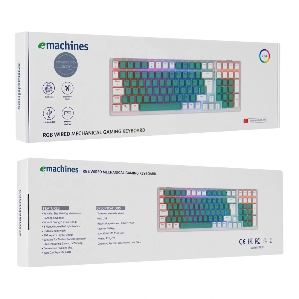 eMachines EAK100 Yeşil/Beyaz USB RGB Backlight RED SWITCH Mekanik Q 100 Tuşlu Compact Gaming Klavye