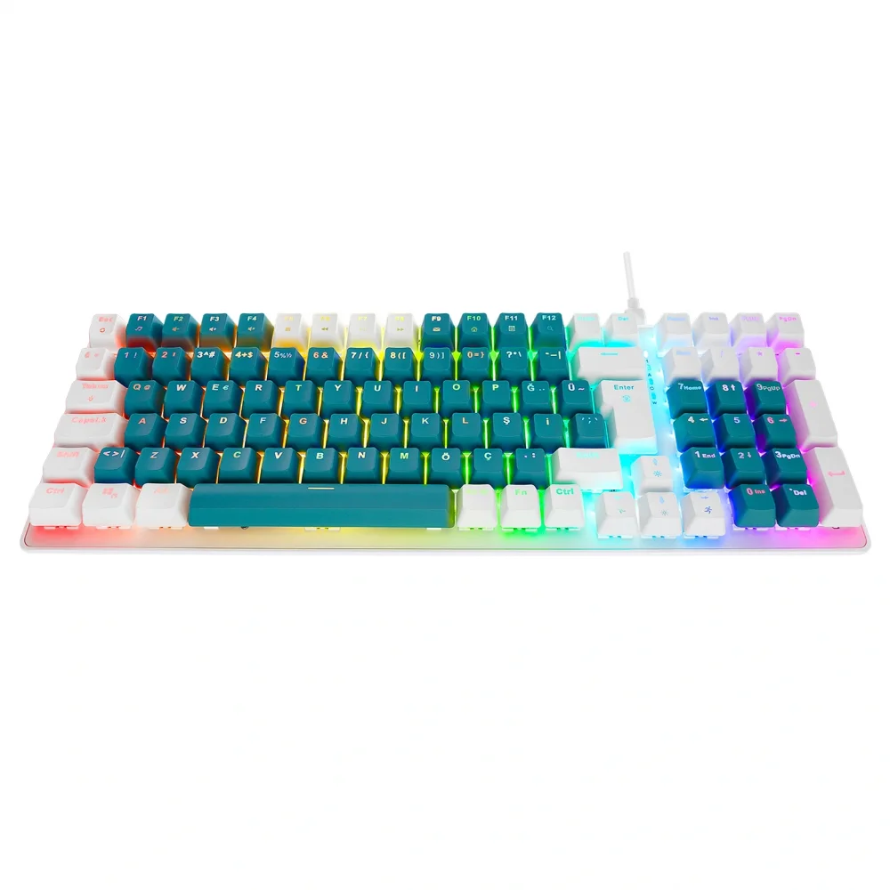 eMachines EAK100 Yeşil/Beyaz USB RGB Backlight RED SWITCH Mekanik Q 100 Tuşlu Compact Gaming Klavye
