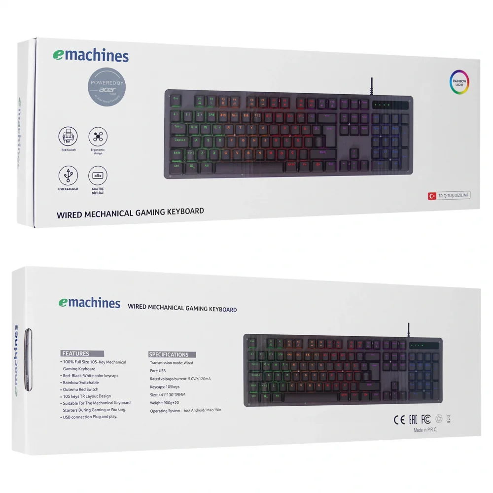 eMachines EAK104 Siyah USB RGB Backlight RED SWITCH Mekanik Q 104 Tuşlu Gaming Klavye