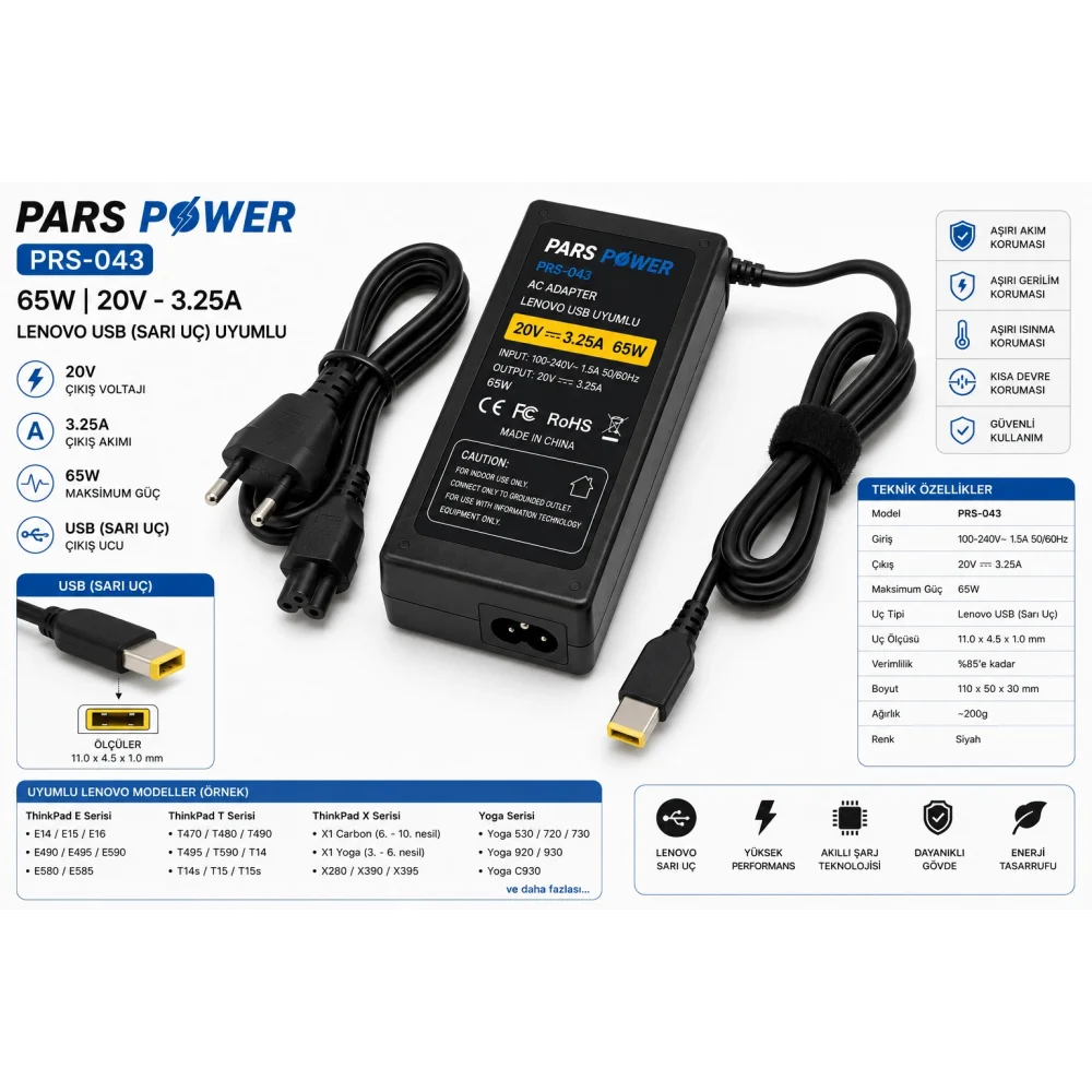 NB YEDEK PARÇA PARS POWER PRS-043/ 65W 20V-3.25A LENOVO USB UÇ NOTEBOOK ADAPTÖR