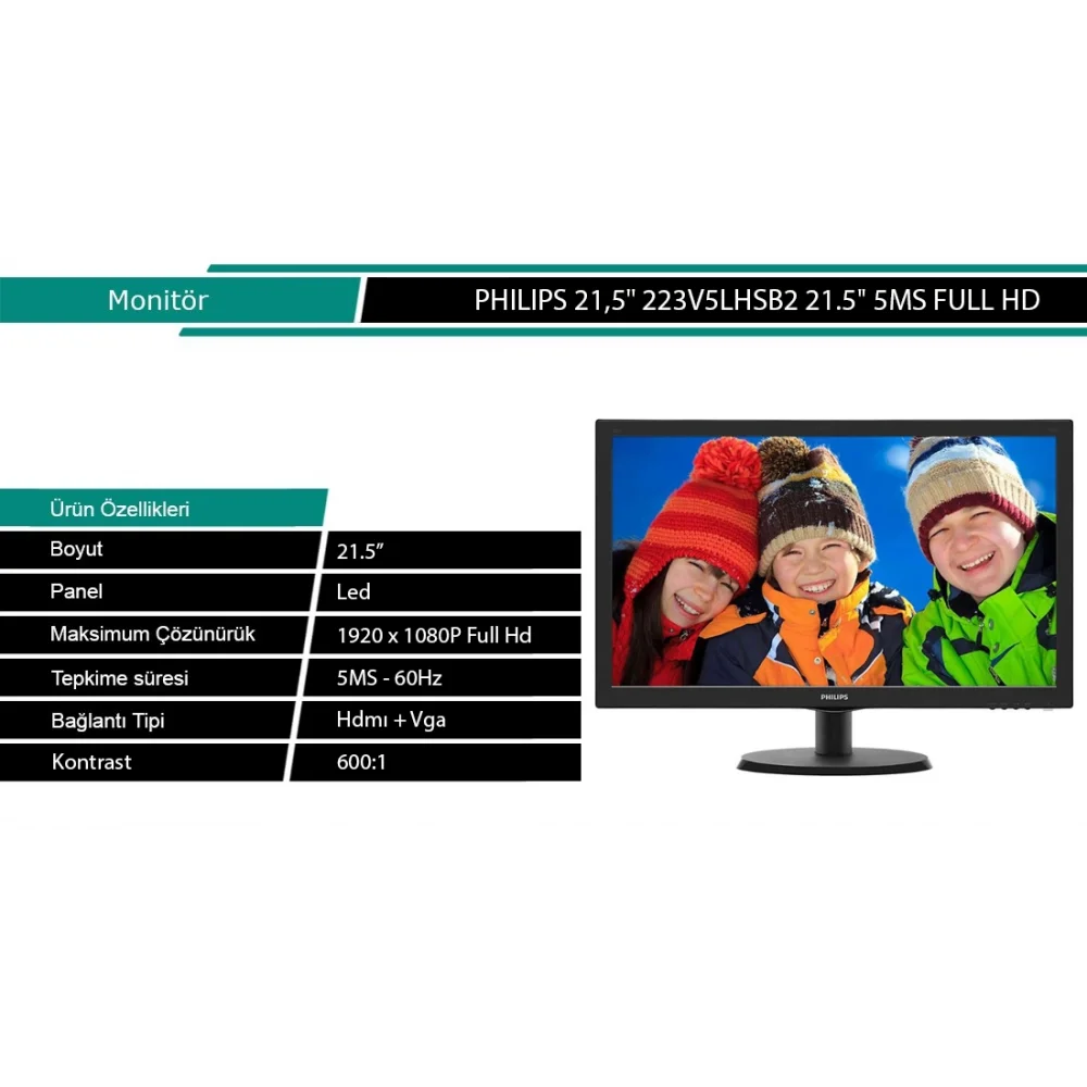 NBT MONİTÖR 21.5 PHILIPS 223V5LHSB2/00 5MS 1920X1080 HDMI/VGA SIYAH 2.EL A KALİTE KUTUSUZ