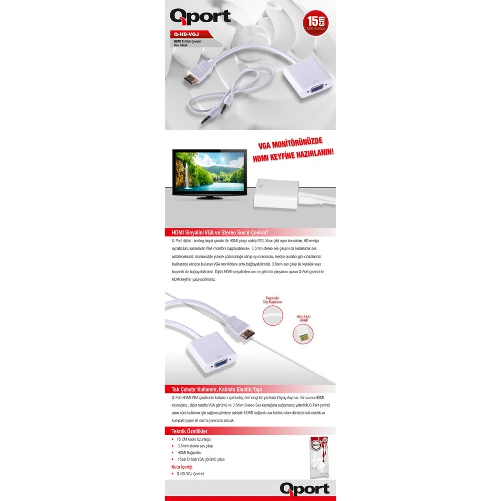 QPORT Q-HDVG HDMI DAN VGA SES GİRİŞLİ Çevirici Adaptör