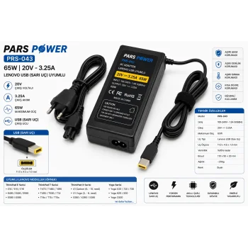 NB YEDEK PARÇA PARS POWER PRS-043/ 65W 20V-3.25A LENOVO USB UÇ NOTEBOOK ADAPTÖR