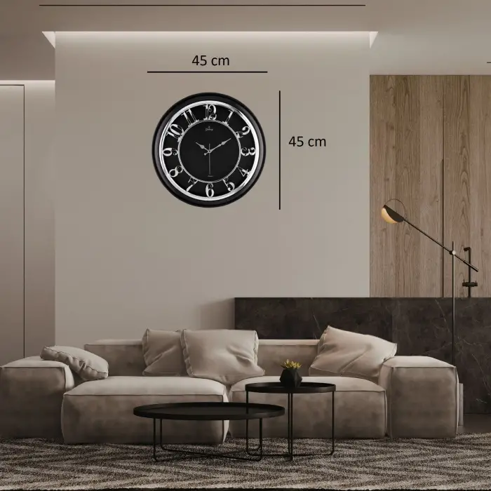 45 Cm Siyah Çerçeve Kabartma Gümüş Rakam Duvar Saati