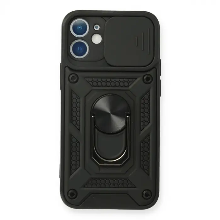 Apple İphone 12 Mini Kılıf Pars Lens Yüzüklü Silikon - Siyah