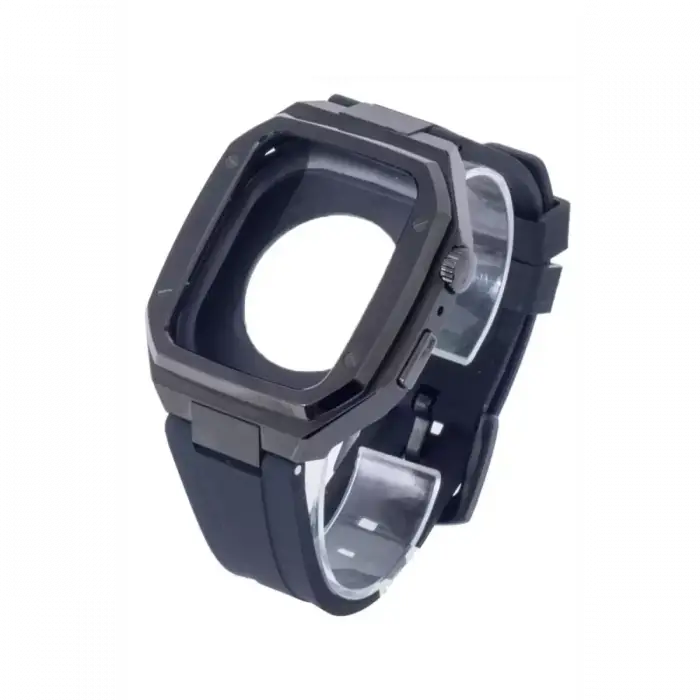 Apple Watch 45mm KR402 Metal Kasa Silikon Kordon - Siyah