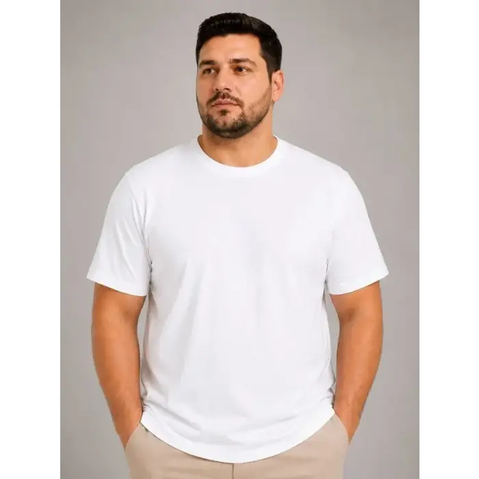 Erkek Battal Big Size Basic Tişört Bisiklet Yaka Rahat Kalıp T-Shirt - Beyaz
