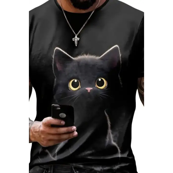 Erkek Bisiklet Yaka Kedi Baskılı Süprem T-shirt