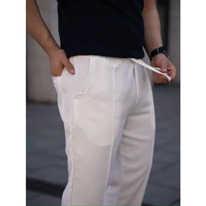 Erkek Keten Cepli Çıma Dikişli Jogger Buggy Pantalon Rahat Kalıp - Beyaz