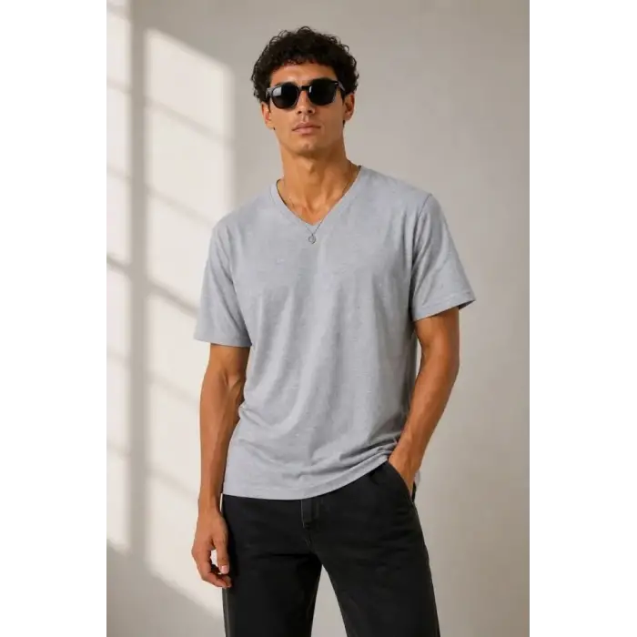 Erkek V Yaka Basic Tişört Kısa Kol Yazlık Regular Fit T-Shirt - Gri