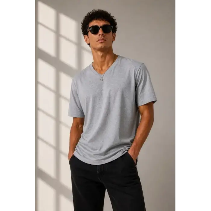 Erkek V Yaka Basic Tişört Kısa Kol Yazlık Regular Fit T-Shirt - Gri