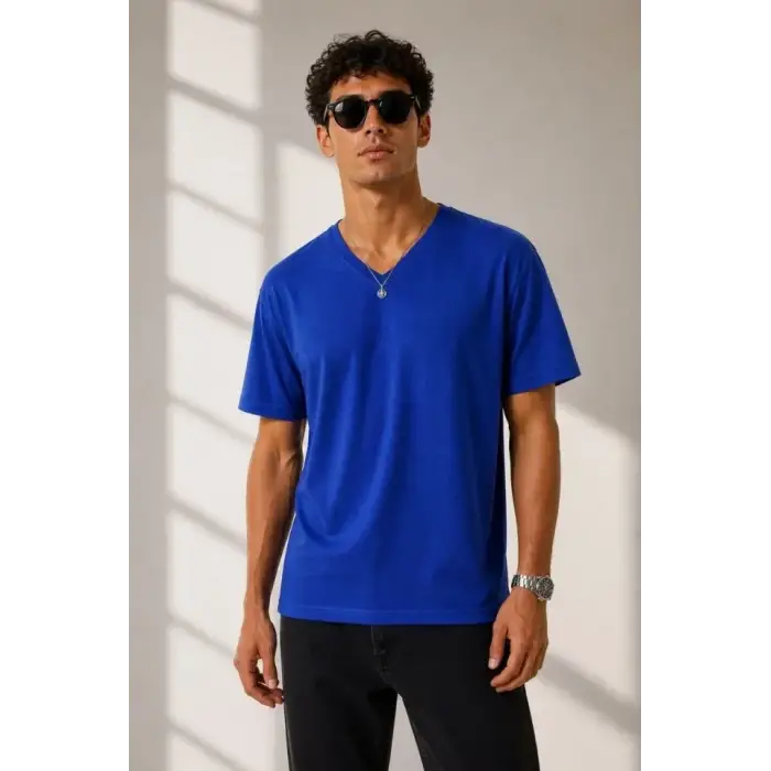 Erkek V Yaka Basic Tişört Kısa Kol Yazlık Regular Fit T-Shirt - Saks Mavisi