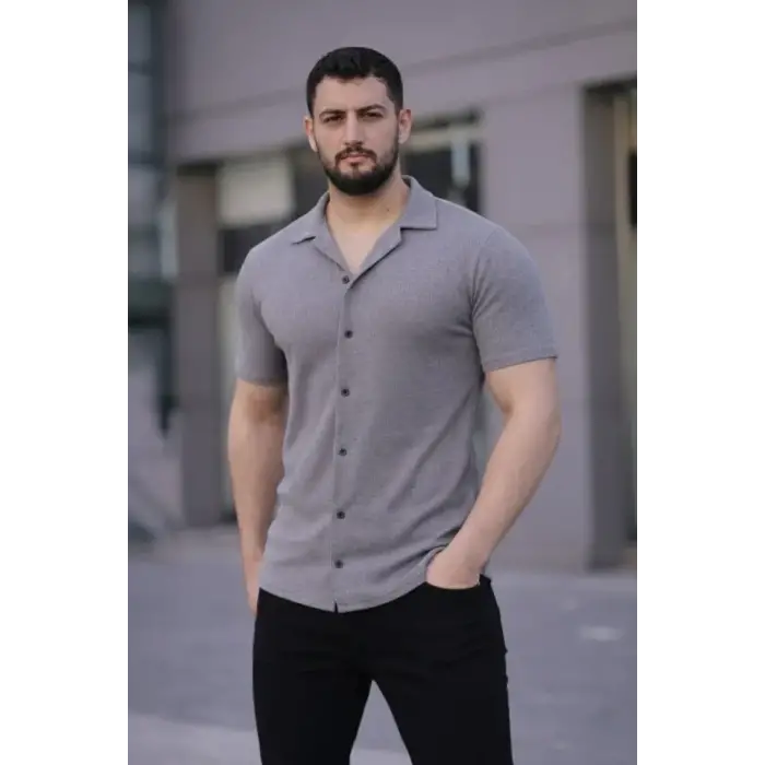 Erkek Waffle Dokuma Açık Yakalı Düğmeli Regular Kalıp 2’li Gömlek Seti - Lacivert - Gri