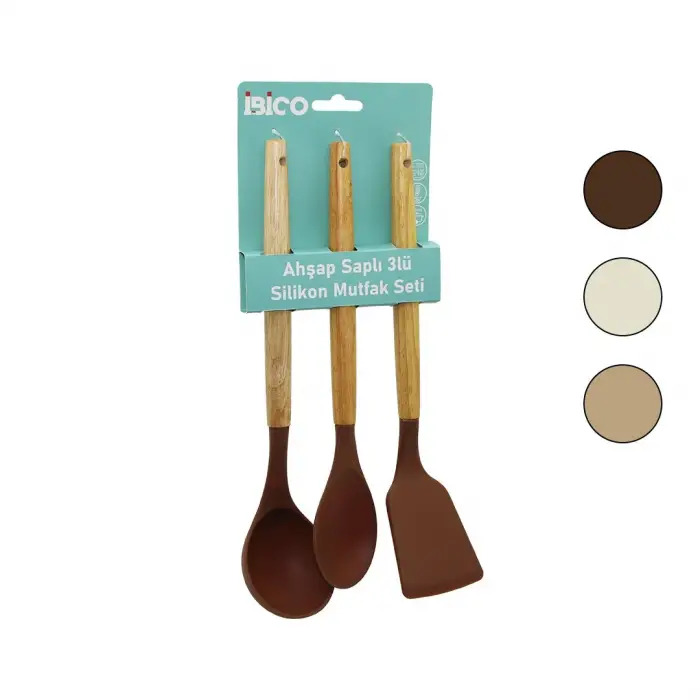 İbico İ22-009 ( 3pcs ) ( Renkli Silikon ) ( Ahşap & Bambu Saplı ) Mutfak Seti ( Kepçe & Kaşık & Spatula ) ( 30cm )*12x6