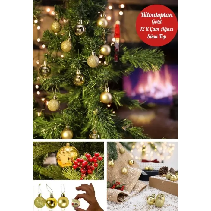 12 Adet Gold 2,5 Cm Mini Yılbaşı Topu, Noel Çam Ağacı Topu, Süs Topu