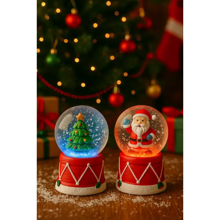 2 Adet Led Işıklı Mini Kar Küresi 6,5 cm – Noel Baba & Yılbaşı Çam Ağacı Dekoratif Işıklı Biblo