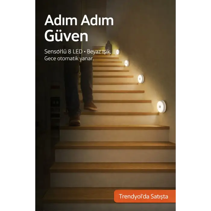 3 Adet Hareket Sensörlü Beyaz Işık Led Gece Lambası – Kablosuz 8 Ledli | Merdiven, Koridor