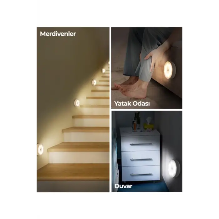 6 Adet Hareket Sensörlü Beyaz Işık Led Gece Lambası – Kablosuz 8 Ledli | Merdiven, Koridor