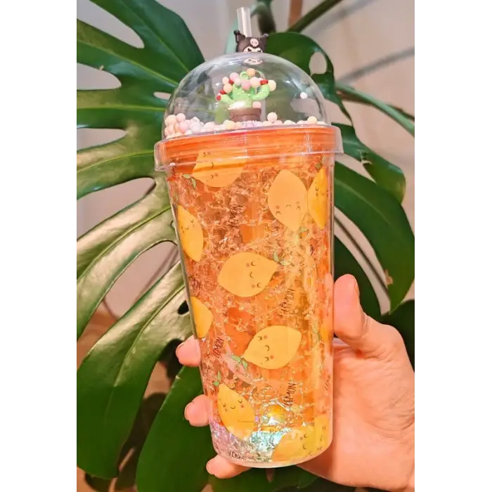 Beach Temalı Suluk Pipetli Buzlu Cam Görünümlü Led Işıklı 450 ML Çift Katman Mika 2768
