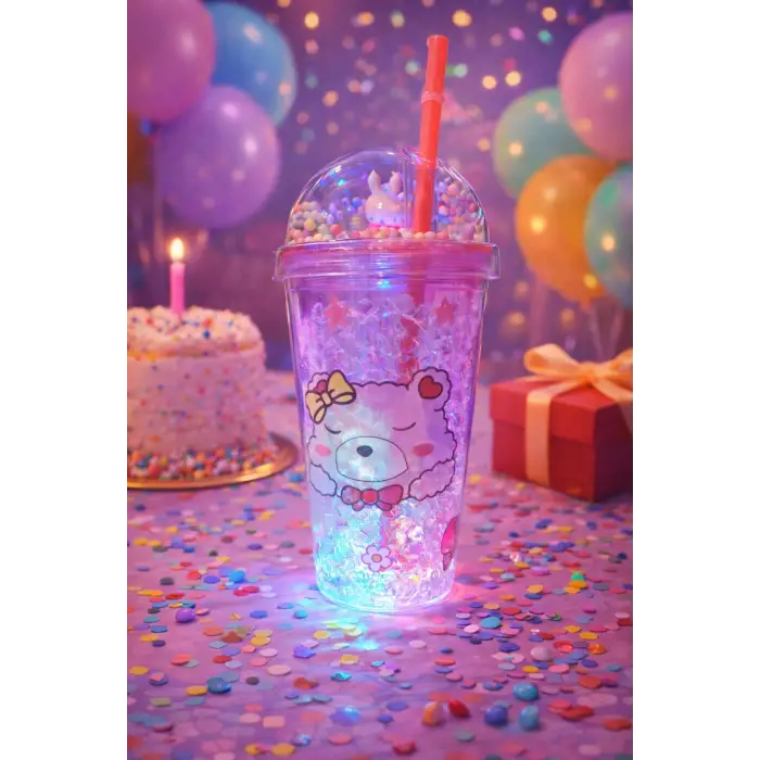 Bear Suluk Pipetli Buzlu Cam Görünümlü Led Işıklı 450 ML Çift Katman Mika 2093 Pembe