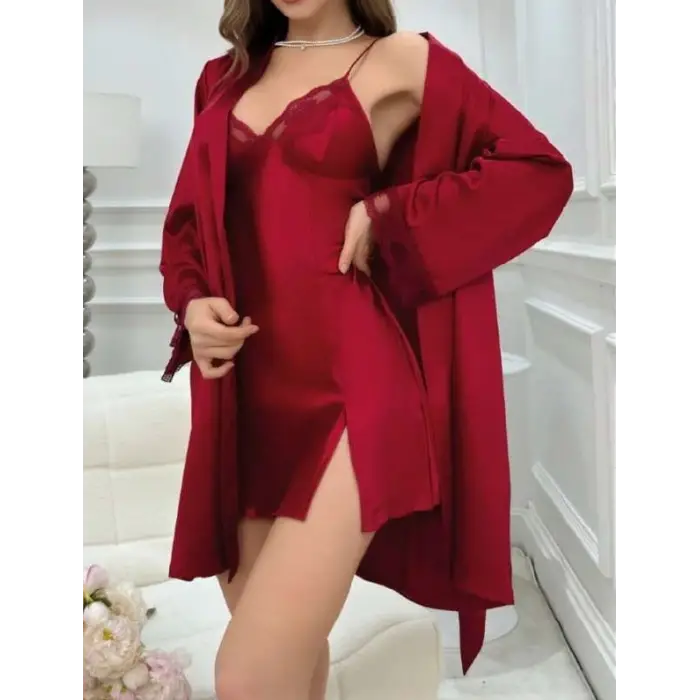 ieg™ Bordo İnce Askılı Saten 2li Gecelik Sabahlık Takımı