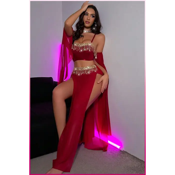 ieg™ Bordo Pul Aksesuarlı Tül Etekli Kadın Seksi Gecelik