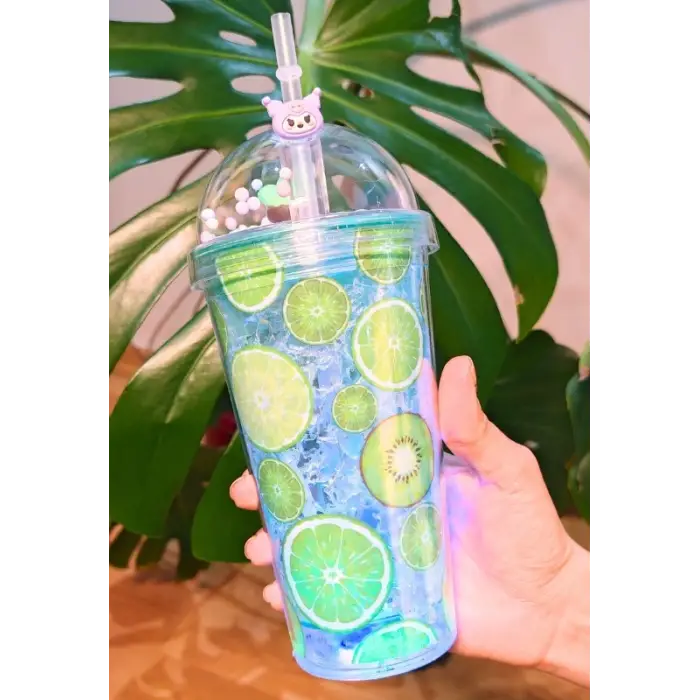Buzz Temalı Suluk Pipetli Buzlu Cam Görünümlü Led Işıklı 450 ML Çift Katman Mika 2768