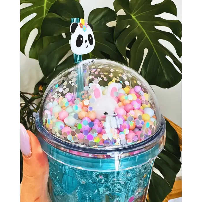 Çılgın Suluk Pipetli Buzlu Cam Görünümlü Led Işıklı 450 ML Çift Katman Mika 2093 Mavi