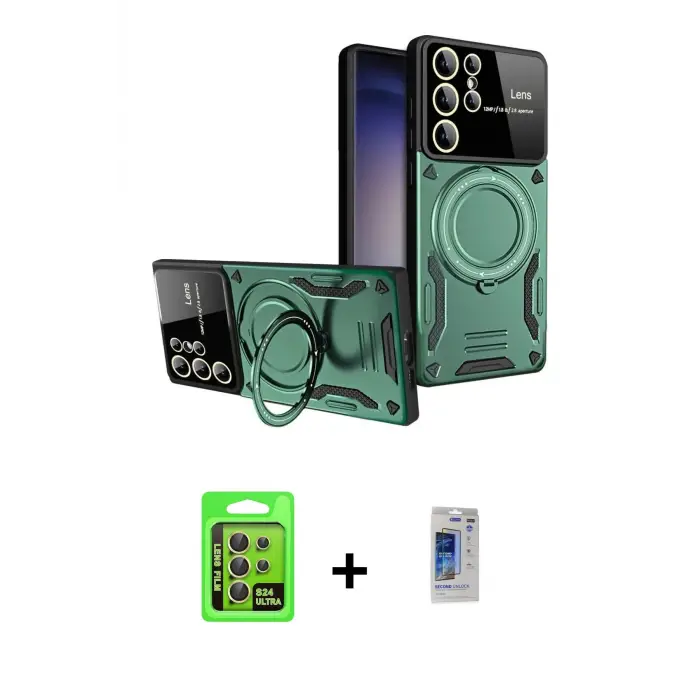 ieg™ Galaxy S24 Ultra Kılıf Kıvılcım Modern Serisi - Siyah Durable Full Glue Curved Hayalet Cam + Raze Metal Kamera Lens - SI
