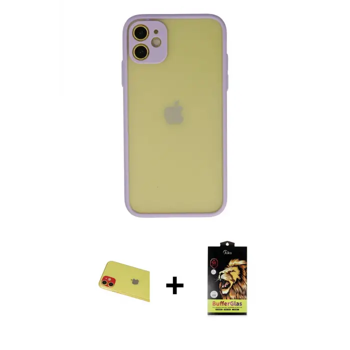 ieg™ iPhone 11 Kılıf Ahenk Çizgi Serisi - Siyah Buffer Cam Ekran Koruyucu + Rainbow Kamera Lens Koruma Cam - KI