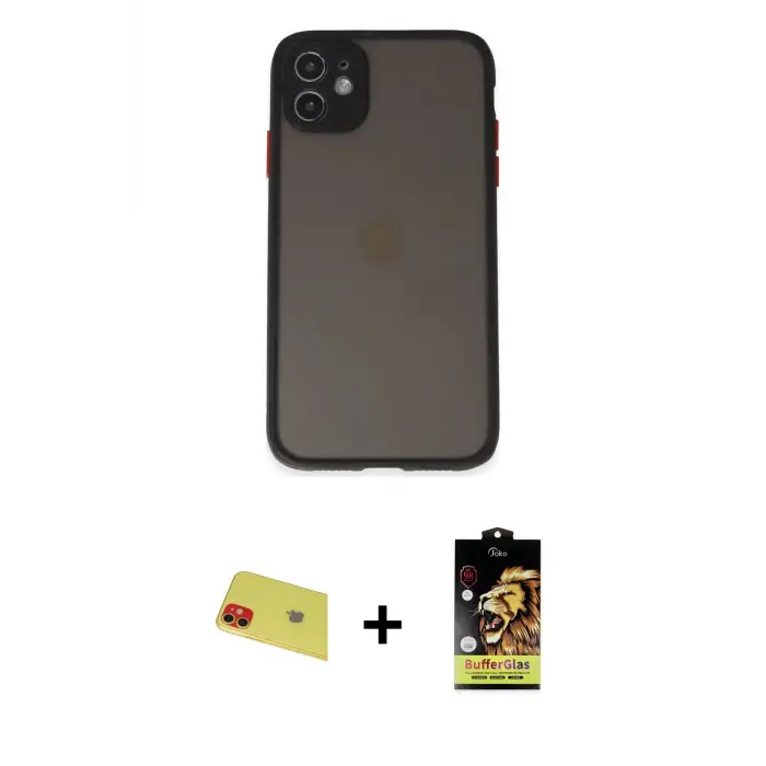 ieg™ iPhone 11 Kılıf Ahenk Çizgi Serisi - Siyah Buffer Cam Ekran Koruyucu + Rainbow Kamera Lens Koruma Cam - KI