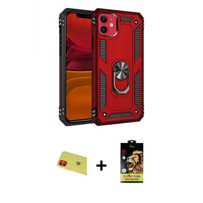 ieg™ iPhone 11 Kılıf Ahenk Klasik Koleksiyonu - Siyah Buffer Cam Ekran Koruyucu + Rainbow Kamera Lens Koruma Cam - KI