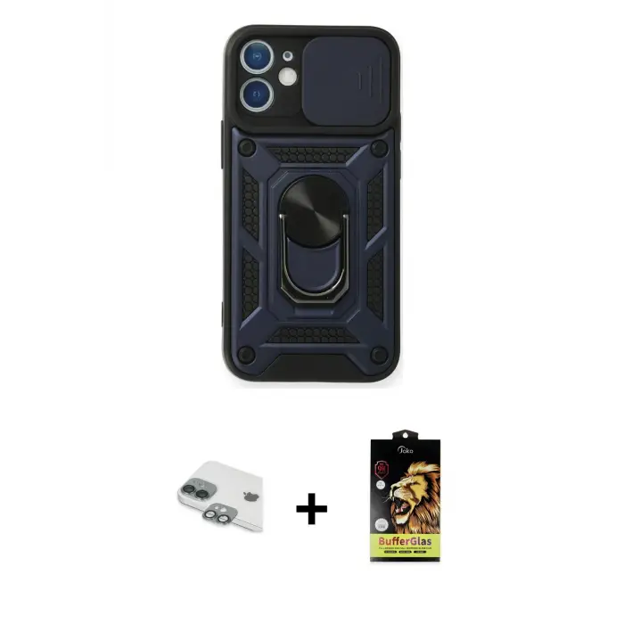 ieg™ iPhone 11 Kılıf Ahenk Klasik - Siyah Buffer Cam Ekran Koruyucu + Pers Alüminyum Kamera Lens - YL