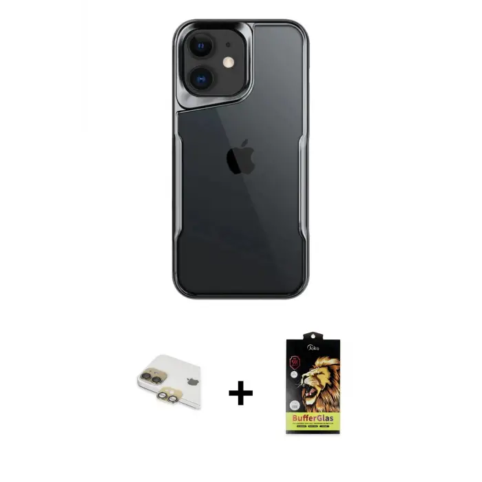 ieg™ iPhone 11 Kılıf Akış Çizgi Koleksiyonu - Siyah Buffer Cam Ekran Koruyucu + Pers Alüminyum Kamera Lens - GD
