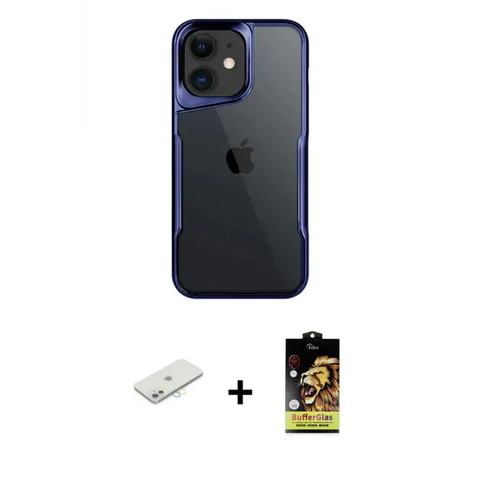ieg™ iPhone 11 Kılıf Akış Çizgi Koleksiyonu - Siyah Buffer Cam Ekran Koruyucu + Renkli Kamera Lens Koruma Cam - SI