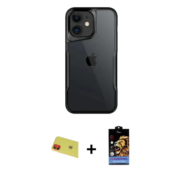 ieg™ iPhone 11 Kılıf Akış Çizgi Koleksiyonu - Siyah Buffer Hayalet Cam Ekran Koruyucu + Rainbow Kamera Lens Koruma Cam - KI
