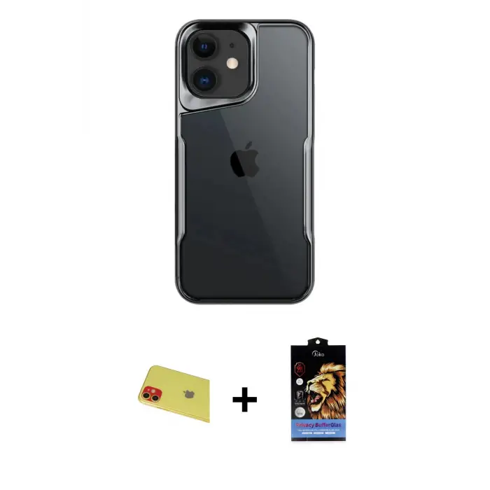 ieg™ iPhone 11 Kılıf Akış Çizgi Koleksiyonu - Siyah Buffer Hayalet Cam Ekran Koruyucu + Rainbow Kamera Lens Koruma Cam - KI