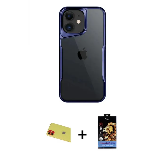 ieg™ iPhone 11 Kılıf Akış Çizgi Koleksiyonu - Siyah Buffer Hayalet Cam Ekran Koruyucu + Rainbow Kamera Lens Koruma Cam - KI