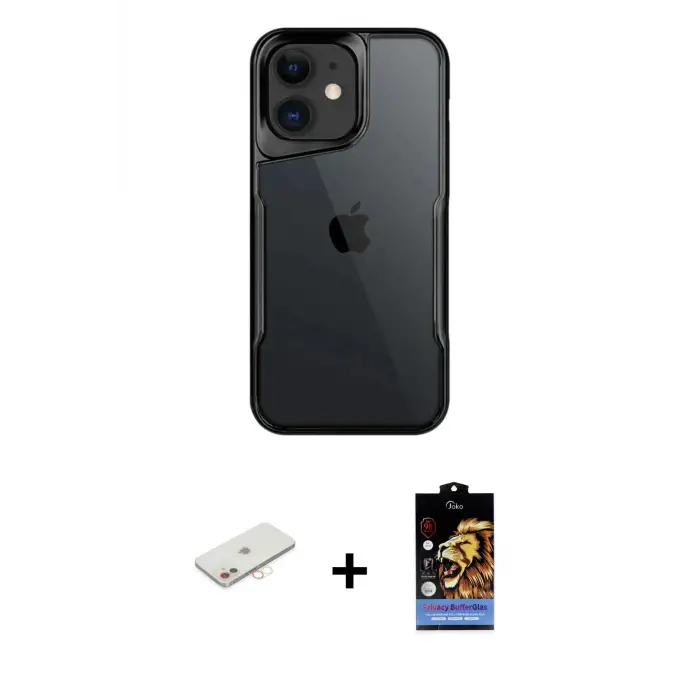 ieg™ iPhone 11 Kılıf Akış Çizgi Koleksiyonu - Siyah Buffer Hayalet Cam Ekran Koruyucu + Renkli Kamera Lens Koruma Cam - YL