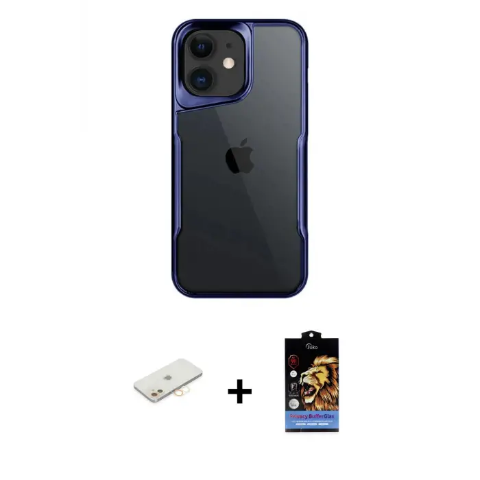 ieg™ iPhone 11 Kılıf Akış Çizgi Koleksiyonu - Siyah Buffer Hayalet Cam Ekran Koruyucu + Renkli Kamera Lens Koruma Cam - SI