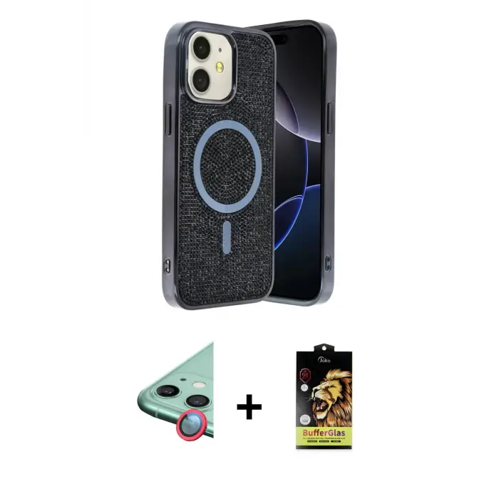 ieg™ iPhone 11 Kılıf Eksen Çizgi - Siyah Buffer Cam Ekran Koruyucu + Raze Metal Kamera Lens - KI
