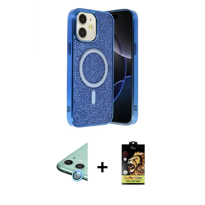 ieg™ iPhone 11 Kılıf Eksen Çizgi - Siyah Buffer Cam Ekran Koruyucu + Raze Metal Kamera Lens - MI