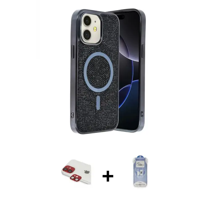 ieg™ iPhone 11 Kılıf Eksen Çizgi - Siyah Joko Magic 5D Cam + Pers Alüminyum Kamera Lens - KI
