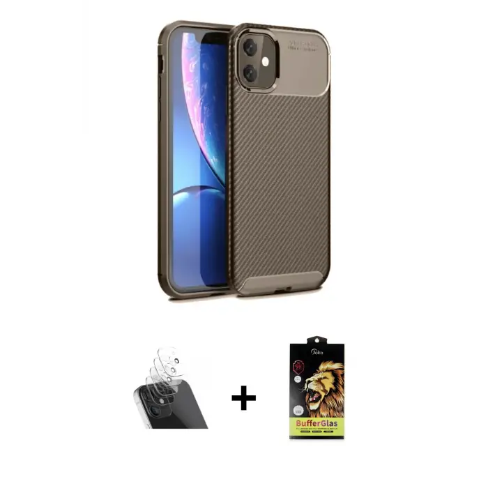 ieg™ iPhone 11 Kılıf Eksen Form Prime - Siyah Buffer Cam Ekran Koruyucu + Kamera Lens Koruma Cam - SF