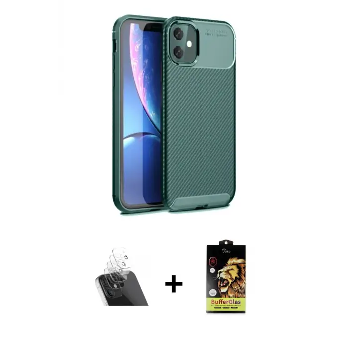 ieg™ iPhone 11 Kılıf Eksen Form Prime - Siyah Buffer Cam Ekran Koruyucu + Kamera Lens Koruma Cam - SF