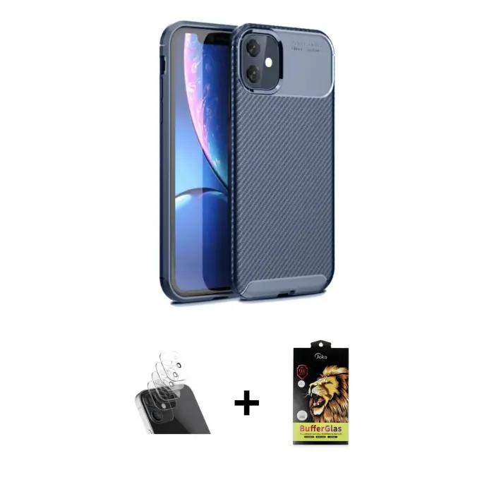 ieg™ iPhone 11 Kılıf Eksen Form Prime - Siyah Buffer Cam Ekran Koruyucu + Kamera Lens Koruma Cam - SF