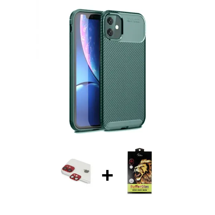 ieg™ iPhone 11 Kılıf Eksen Form Prime - Siyah Buffer Cam Ekran Koruyucu + Pers Alüminyum Kamera Lens - KI