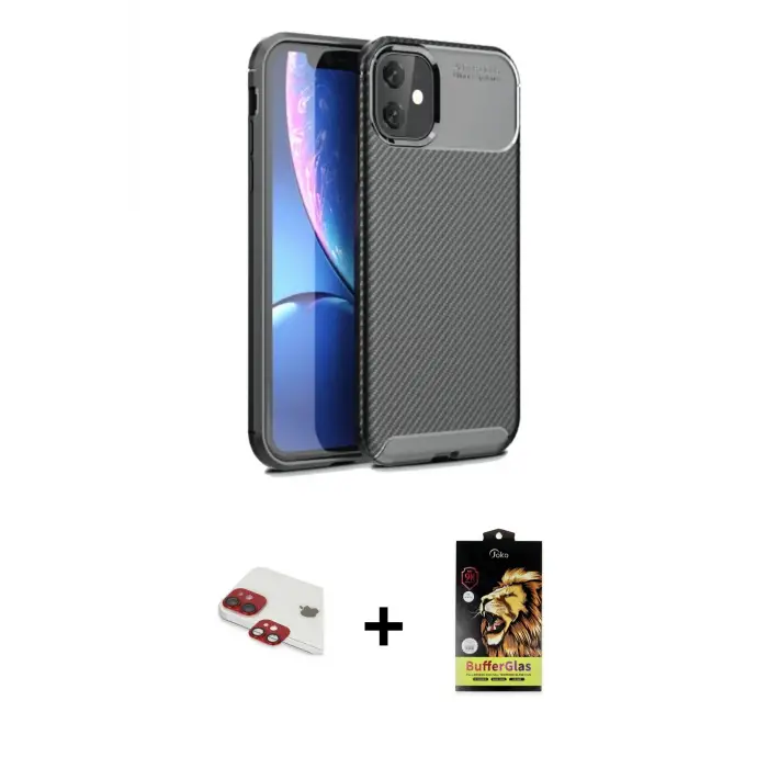 ieg™ iPhone 11 Kılıf Eksen Form Prime - Siyah Buffer Cam Ekran Koruyucu + Pers Alüminyum Kamera Lens - KI